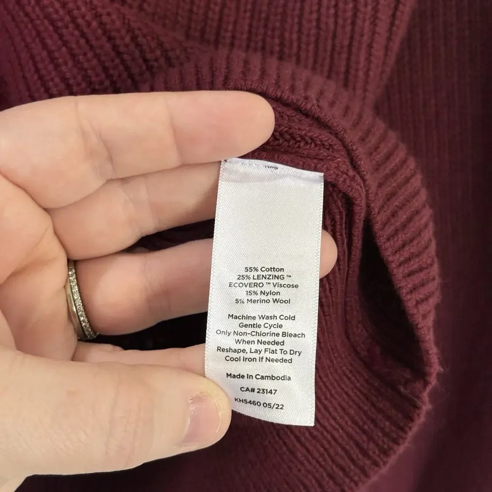 Talbots Shaker Stitch Sweater XL Burgundy Chunky Knit Split Neck Balloon Sleeve